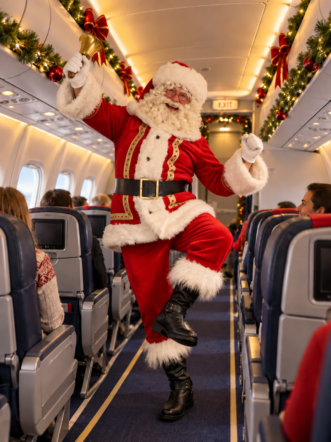 Dansende kerstman in feestelijk vliegtuig