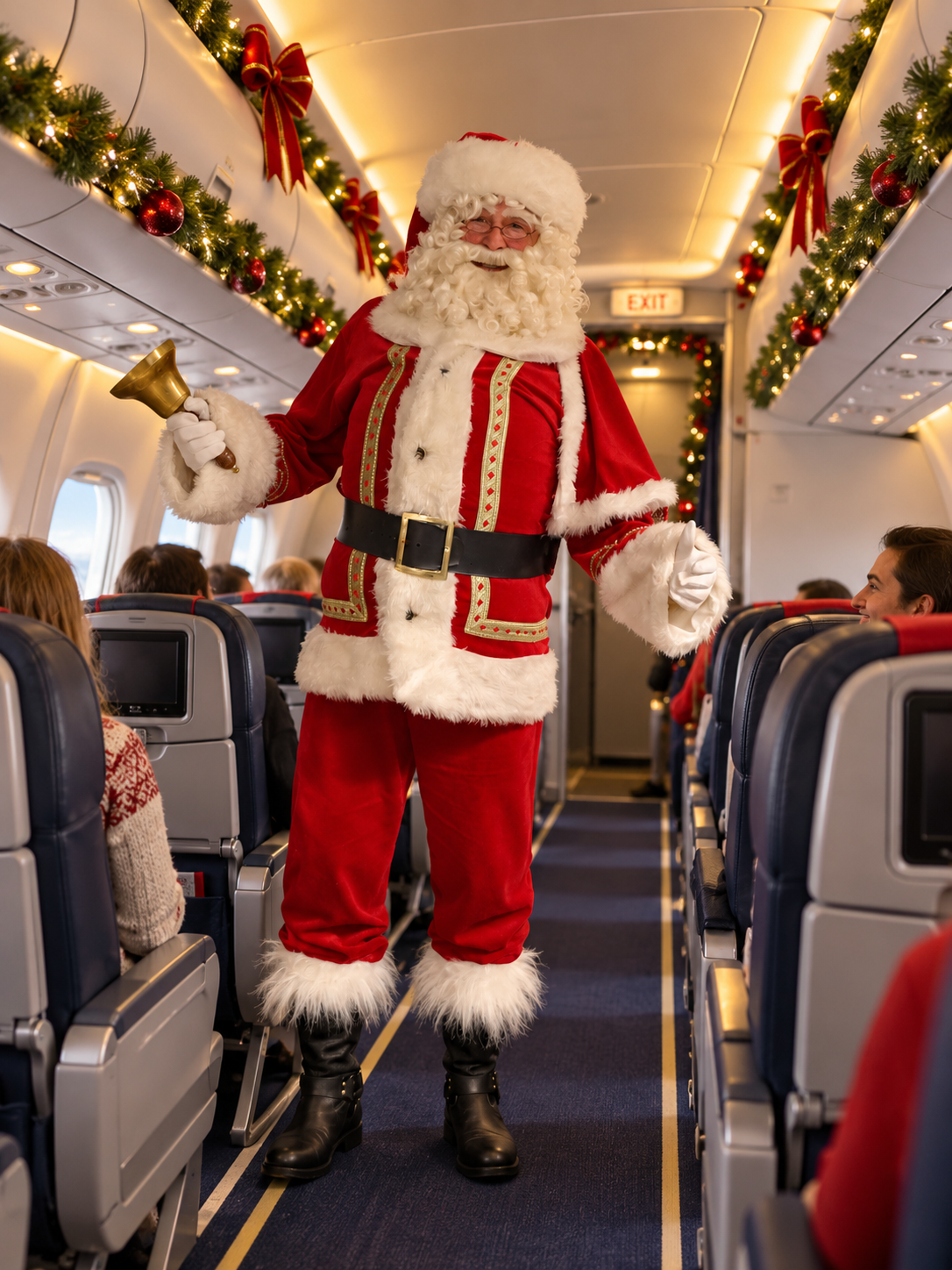Kerstman in feestelijk vliegtuiginterieur